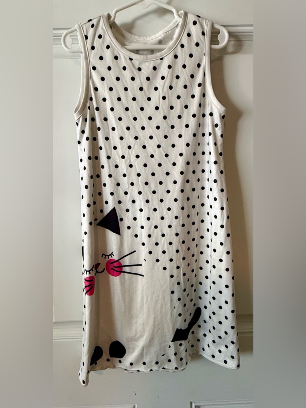 Polka Dot Cat Print Sleeveless Dress - White & Black with Pink Accents